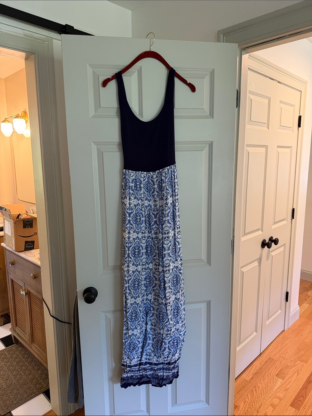 Navy & White Patterned Sleeveless Maxi Dress